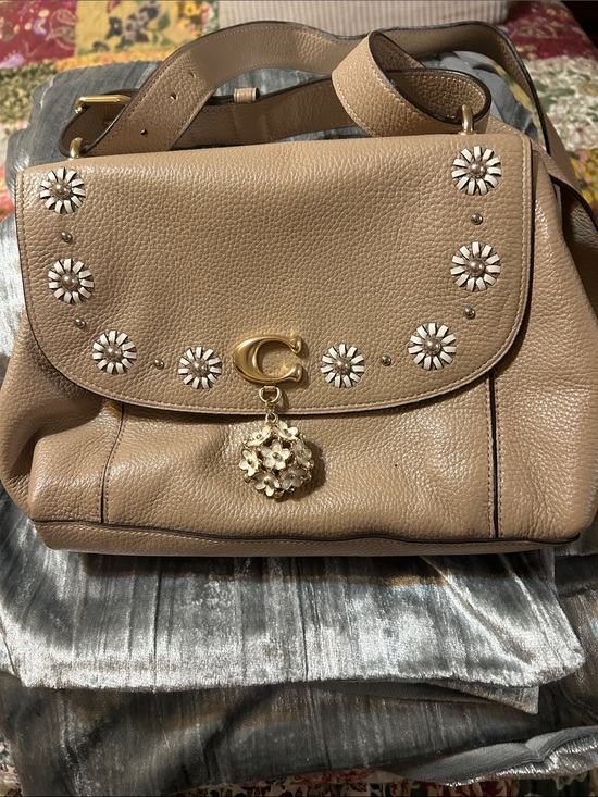 Coach Handbags - Coach Taupe Pebbled Leather Shoulder Bag with Floral Studs and Gold Charm